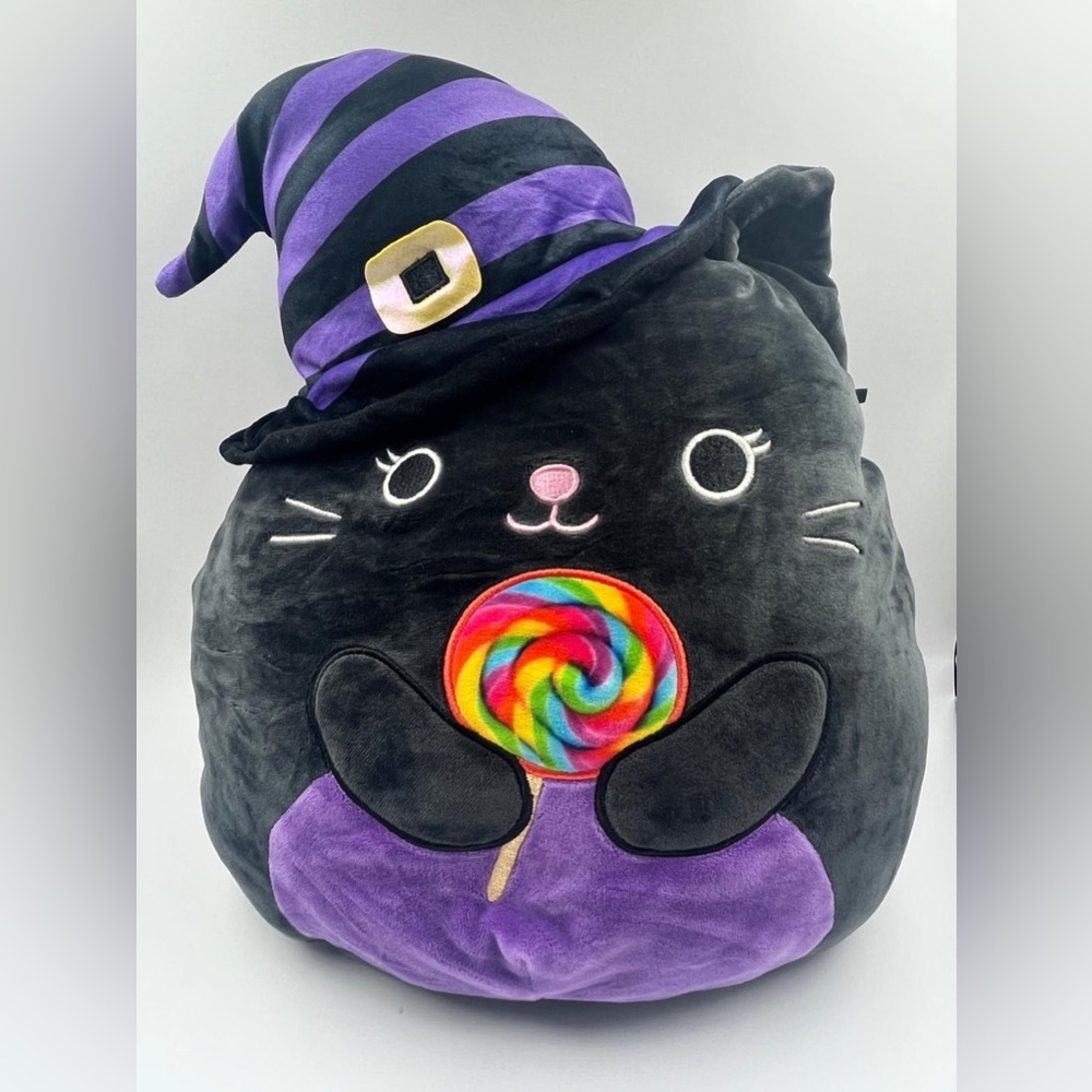 Squishmallows NWT 12” Autumn the Black Cat Witch with Lollipop Halloween Plush